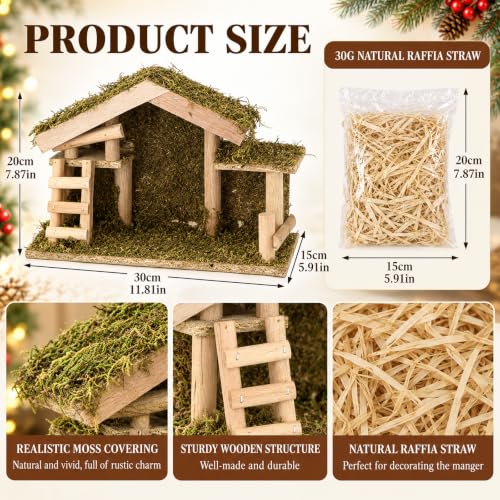 Wooden Nativity Stable Manger Scene with Raffia - Christmas Decor