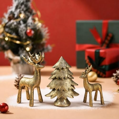 Christmas Reindeer & Tree Figurines Set of 3 - Gold Resin Holiday Decor - Variation of Reindeer & Tree