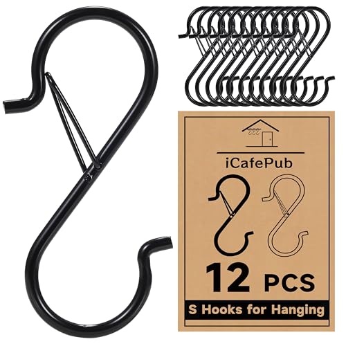 12 PCS Heavy Duty Metal S Hooks with Safety Buckle - 3.5 Inch Black