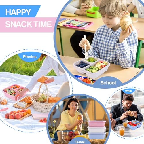 Rinwoc Bento Box 3-Pack - Reusable Snack Containers with 3 Compartments for Meal Prep & Travel