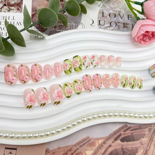 GUAACCB Pink Floral Press On Nails Short Spring Butterfly Fake Nails