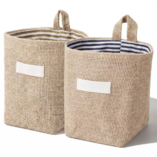 2-Pack Small Hanging Storage Baskets - Cotton Linen Wall Organizers