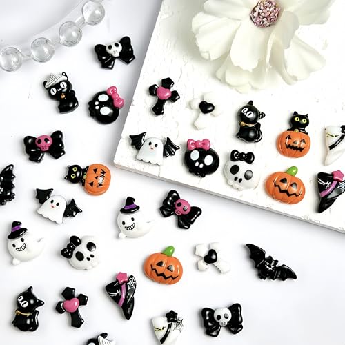 60Pcs Halloween Resin Nail Charms 3D Ghost Pumpkin Skull Art Gems