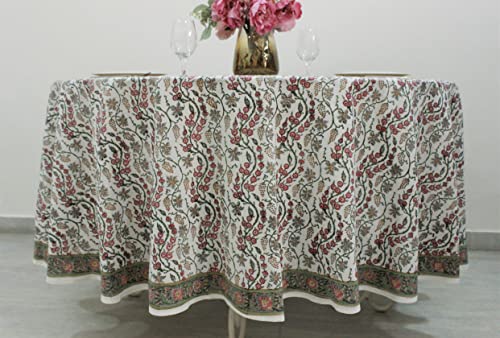 Round Cotton Tablecloth 90 Inch Coral Pink Block Print - Traditional Indian Design