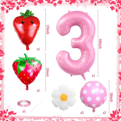 3rd Birthday Decorations for Girls - Strawberry & Daisy Balloons Set