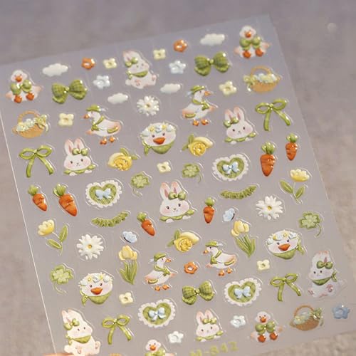5D Embossed Easter Nail Stickers Green Flower Rabbit Self-Adhesive Decals