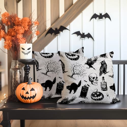 AOFANGGO Halloween Pillow Covers 18x18 Set of 2 Spooky Pumpkin Skull Black Cat Decor