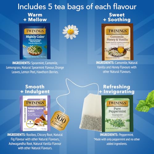 Twinings Calm & Cozy Bedtime Herbal Tea Variety Pack, 120 Tea Bags (6 x 20)