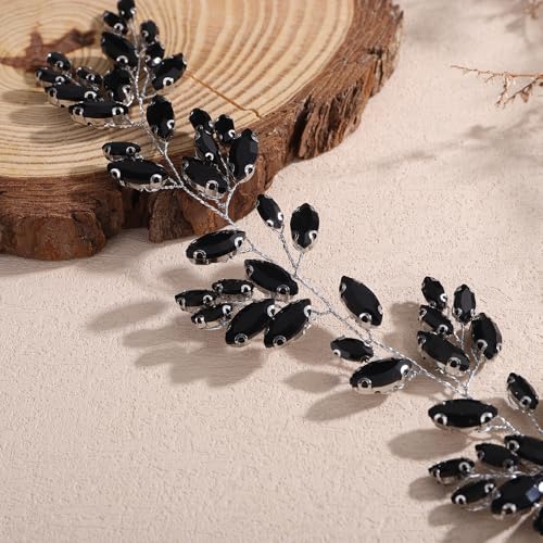 Missgrace Black Rhinestone Bridal Hair Vine Headband for Wedding