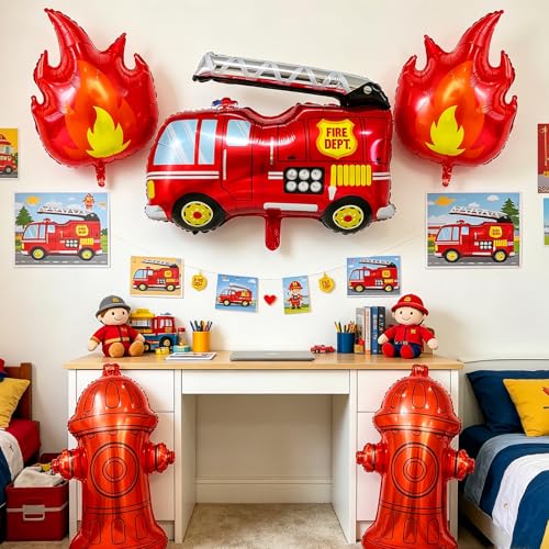 Fire Truck Balloon Decorations Set - 5 Foil Balloons for Kids' Parties