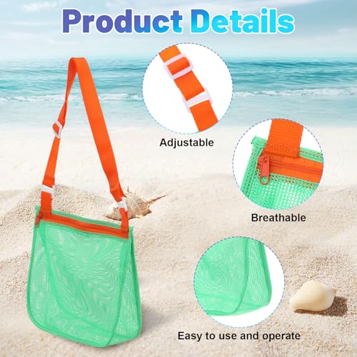 Amaxiu 2 Pcs Mesh Beach Bag for Shells - Orange & Green Adjustable Shell Bag