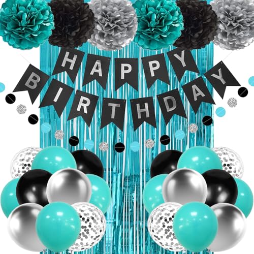 Teal Blue and Black Birthday Party Decorations Set