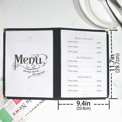 25 Pack Goodsmart Cafe Style Restaurant Menu Cover, 8.5x11 Side-Loading Double Stitched Edge Menu Sleeve, Crystal Clear Vinyl Menu Holder with Gold Decorative Corners (Black, 2 Pages / 4 Views)