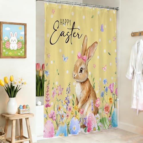 Mocsicka Easter Bunny & Egg Shower Curtain Yellow 71x71in Waterproof Bathroom Decor