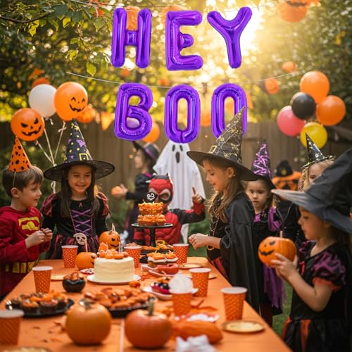 TONIFUL 16-Inch Purple Hey Boo Foil Balloons for Halloween Party