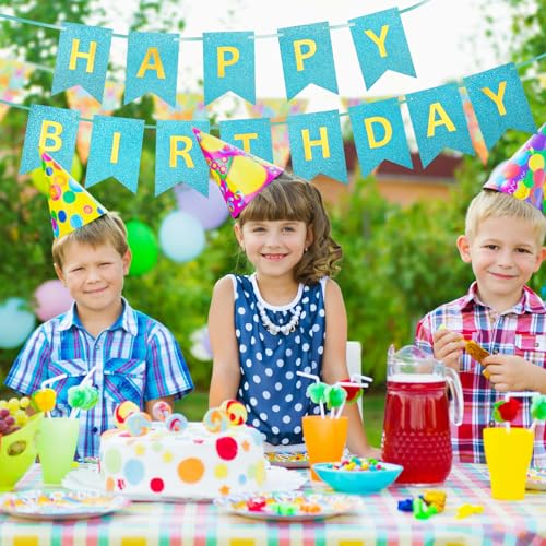 Light Blue Glitter Happy Birthday Banner Silver Sign for Party Decor