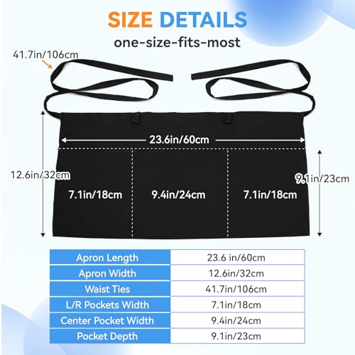 LOHYILYE 12-Inch Waist Apron with 3 Pockets - Black Server Half Apron