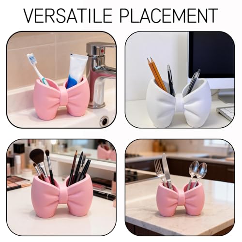 Pink Bow Toothbrush Holder with 2 Slots - Decorative Storage for Bathroom & Office