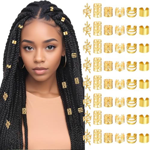 Tyqour 48pcs Gold Hair Jewelry Cuffs & Clips for Braids and Locs