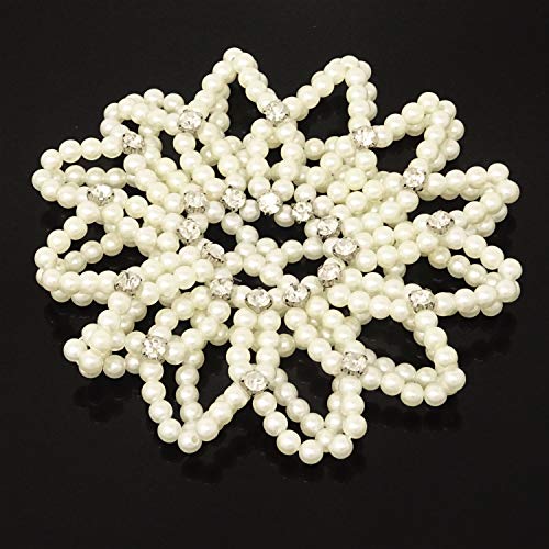Honbay Pearl Rhinestone Hair Bun Cover Elastic Crochet Net - White