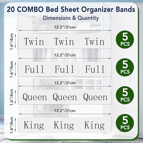 20 Pack Elastic Bed Sheet Organizer Bands with Size Labels - Combo