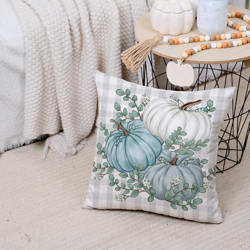 16x16 Inch Fall Pillow Cover - Buffalo Pumpkin & Eucalyptus Decor