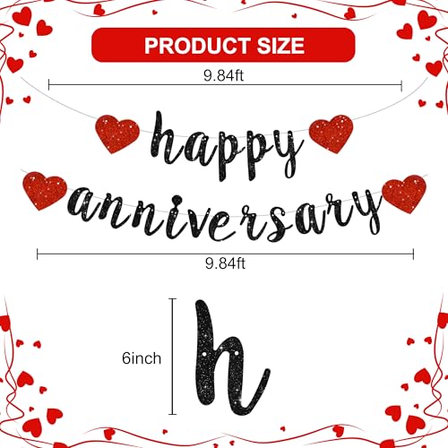 Glitter Happy Anniversary Banner Decoration - Black Red Pre-Strung