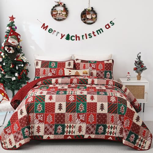 Christmas Quilt Queen Size 3-Piece Bedspread Set with Tree Design, Red & Green, 96x90 Inches - Merry Christmas Variation