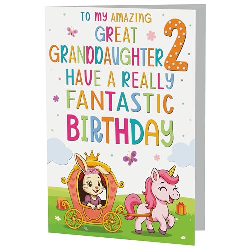 Great-Granddaughter 2nd Birthday Card, Princess & Unicorn A5 Greeting Card