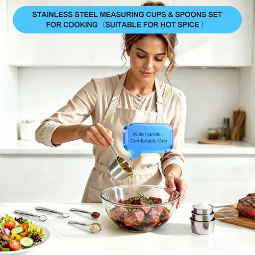 8-Piece Stainless Steel Measuring Cups & Spoons Set - Food Grade, Engraved Measurements