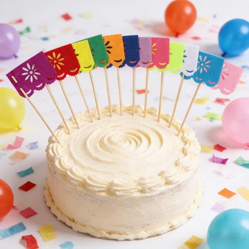 24 Pcs Mini Mexican Papel Picado Flags - Multi-Colored Cake Toppers