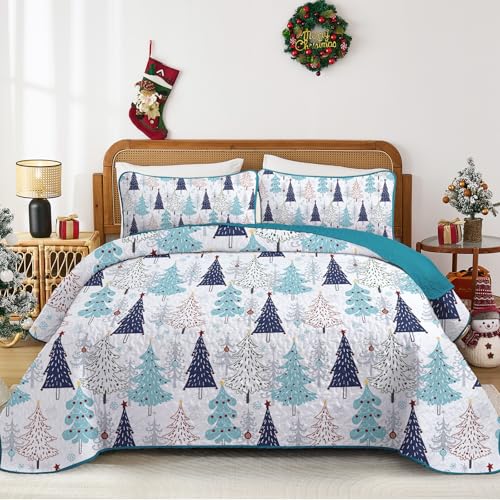 Queen Christmas Quilt Set Blue Xmas Tree 3-Piece Bedding with Pillow Shams - Queen Size