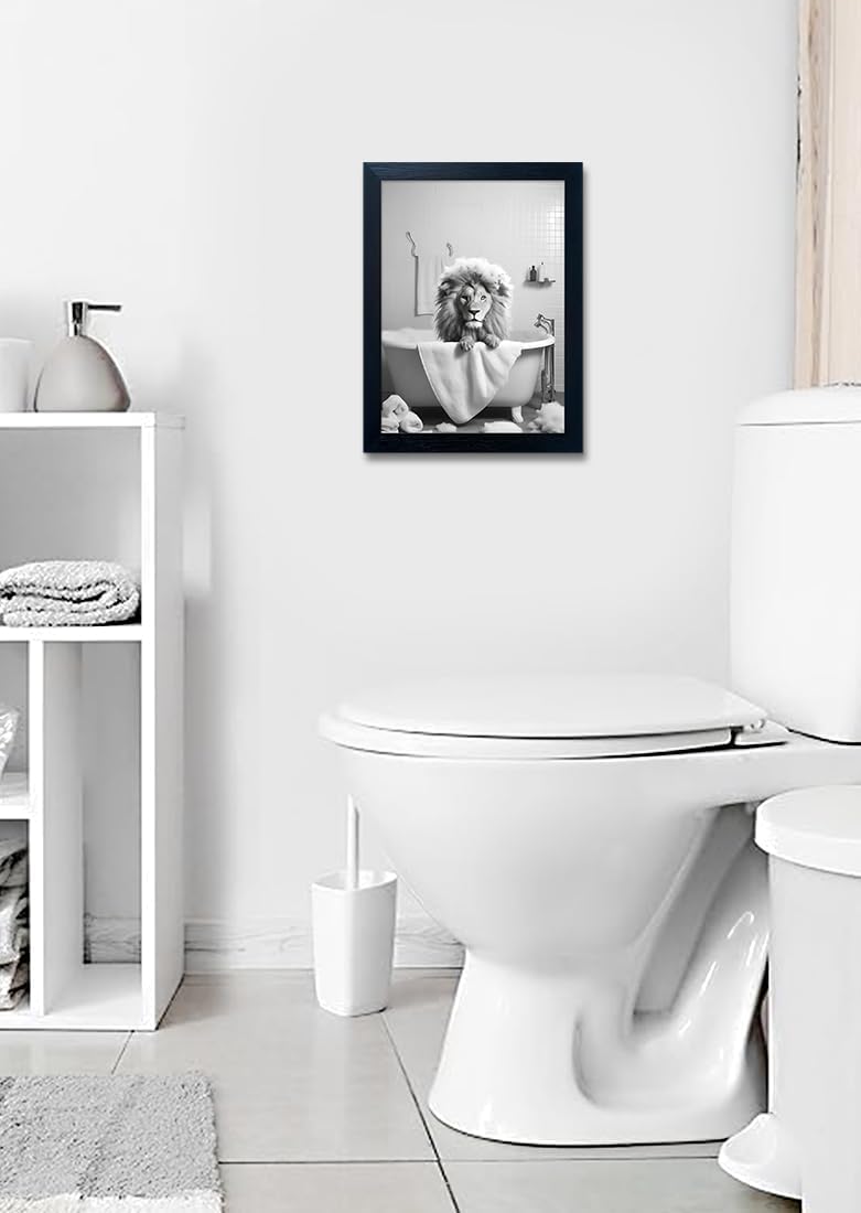 Regine Switzerland Black and White Lion Canvas Wall Art - Funny Bathroom Decor Print | Framed Animal Artwork