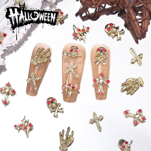 CESUSME 35 Pcs Gold Punk Nail Charms Alloy Skull Skeleton Hand Gems