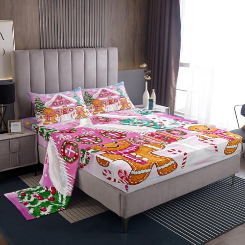 Kids Pink Christmas Sheet Set King Size - Merry Christmas Bedding for Boys & Girls - Variation of Pink White Green