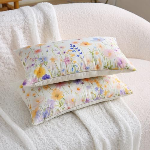 Floral Lumbar Pillow Covers - Set of 2, 12x20 Inch Daisy Design for Sofa & Patio