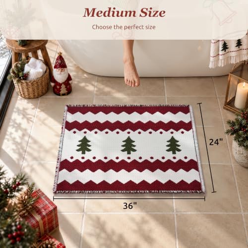 Christmas Waffle Bath Mat Rug - Non Slip Absorbent Holiday Decor, 24 x 36 - Red & White Tree