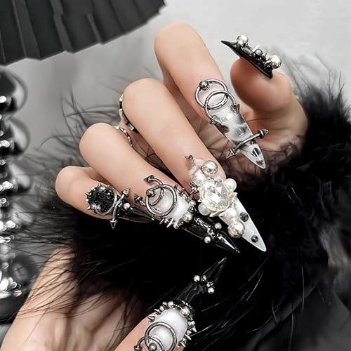 100PCS Goth Piercing Nail Charms Silver Metal Rings Cone Spikes Y2K