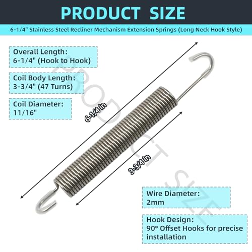6-1/4 Inch Replacement Recliner Springs - Stainless Steel, Pack of 2
