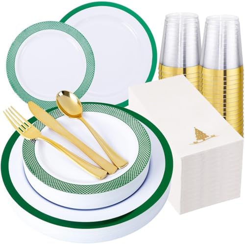 Ciaell 175PCS Christmas Plastic Party Plates Set - White & Green, Green Grid Variation