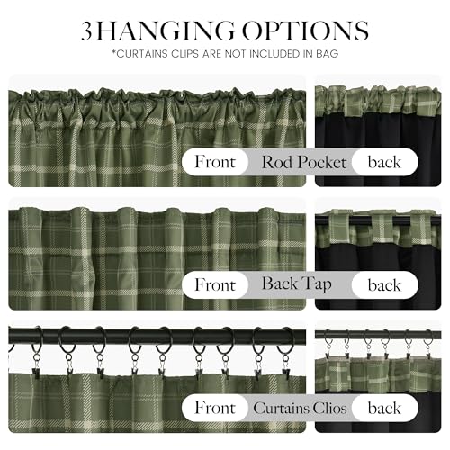 NICETOWN Gingham Blackout Curtains - Olive Green & White, 26"W x 24"L, Pack of 2 - Rod Pocket & Back Tab