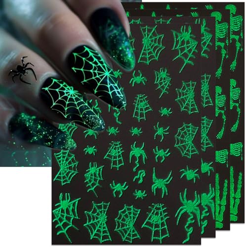 IDDFEVE Halloween Glow-in-the-Dark Nail Stickers, 3D Skeleton & Spider Web Decals - 4 Sheets