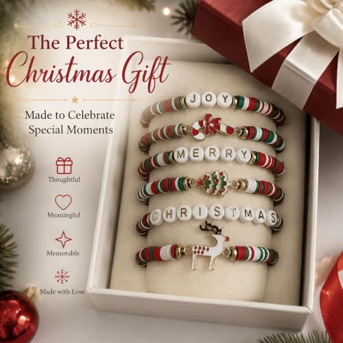 OHOME Red Green White Christmas Bracelets 6 Pack - Teens & Women Stocking Stuffers