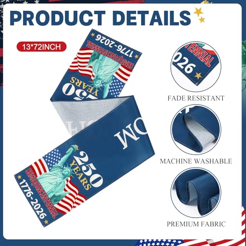 Patriotic 4th of July Table Runner 13x72 Inch - 250th Anniversary Linen Decor