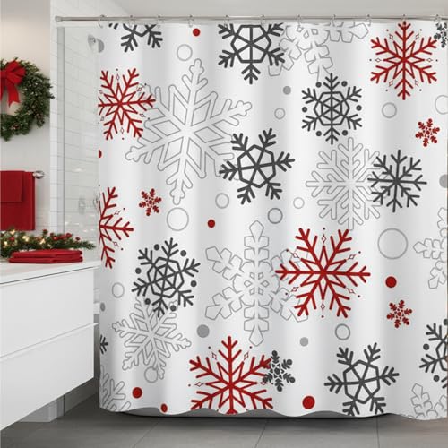 Christmas Snowflake Shower Curtain Red & Grey 72" x 72" with Hooks