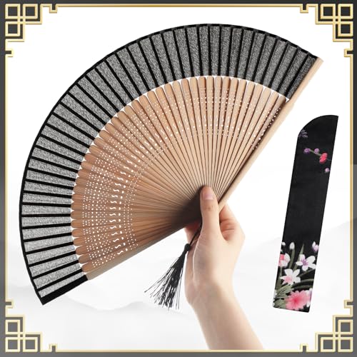 Boao 2 Pcs Vintage Bamboo Silk Folding Hand Fans with Sleeves