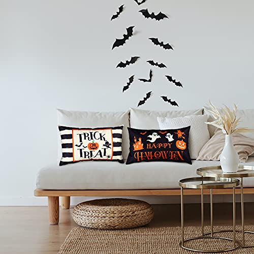 Halloween Throw Pillow Covers 12x20 - Set of 2 Ghost & Pumpkin Linen Cases