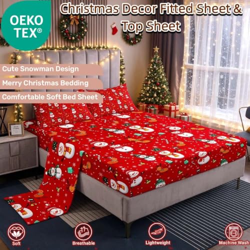 Christmas Snowman and Deer Bed Sheet Set - Queen, Multi 32 / Queen, Kids & Teens Holiday Bedding