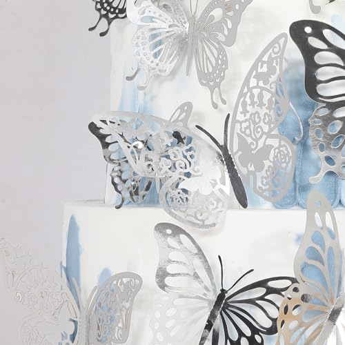 Silver Butterfly Cupcake Toppers 42 Pack 3D Metallic Cake Decorations