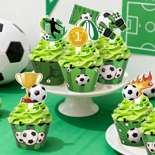 48 Pack Soccer Cupcake Toppers & Wrappers for Birthday Parties